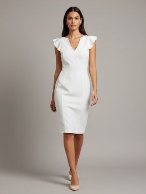 WHITE HOUSE BLACK MARKET White Flutter Sleeve V-Neck Midi Sheath Dress 8P